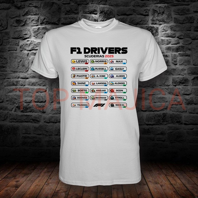 Formula 1 svi vozaci 2025 majica Formula 1 Drivers – Model 1 – Majica bela Formula 1 svi vozaci 2025 majica