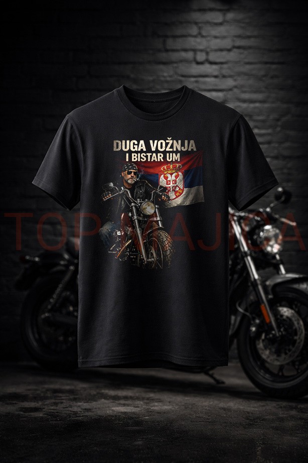 Duga voznja i bistar um - Majica moto crna Duga voznja majica