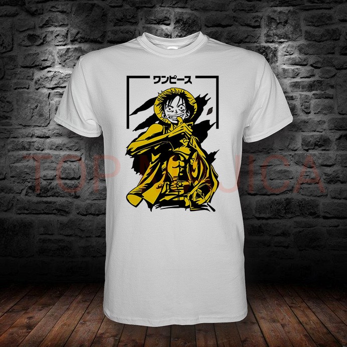 Luffy One Piece – Crno-žuti manga panel sa katakana natpisom majica monkey d.luffy straw hat BELA MAJICA