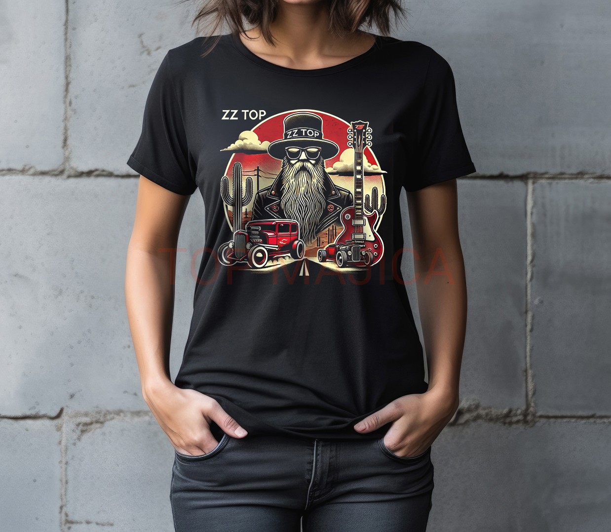 Woman in blank black t-shirt with blue jeans stand on grey cement floor background. ZZ Top blk majica zz top majica